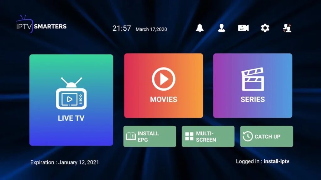 Écran d'accueil d'IPTV Smarters Pro après l'installation sur Android Légende : Premier lance
